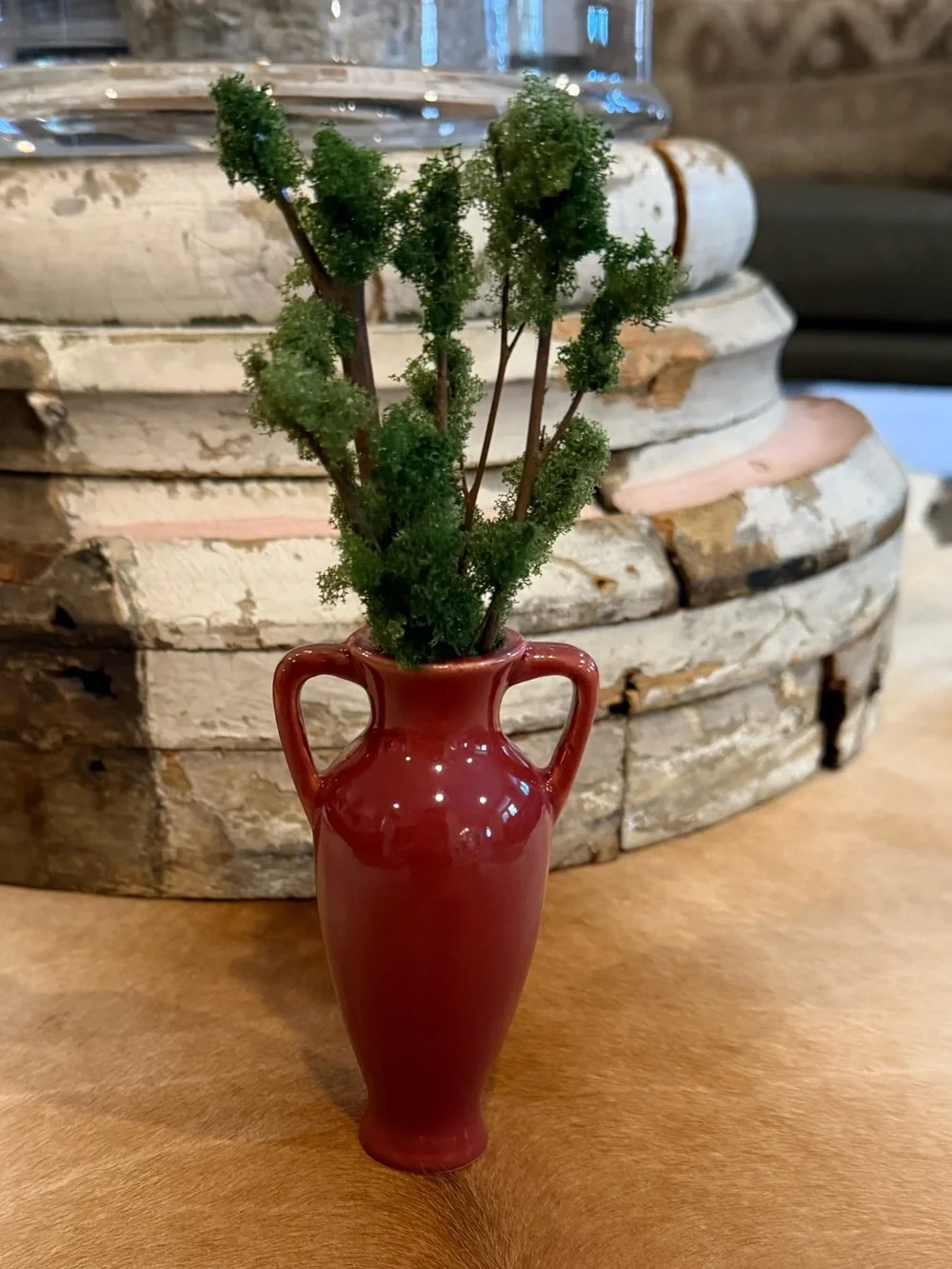 Vintage Ceramic Two-Handle Vase in Deep Rose with Faux Greenery Branches